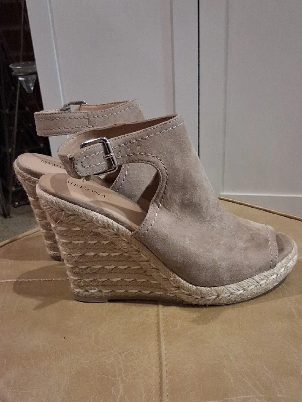 Merona Taupe Suede Open-Toe Ankle Strap Espadrille Wedges
